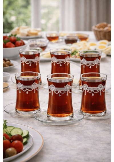 Coronam Model Desenli Şeffaf Cam Çay Seti 12 Parça Çay Takımı Şeffaf