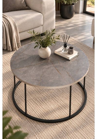 Sulorahome Gordion Desenli Gri Orta Sehpa Siyah Metal Ayaklı Yuvarlak Salon Sehpa