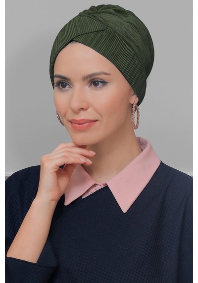 Hürrem Bone Haki Pratik Hazır Geçmeli Tesettür Bone Fukuro Piliseli Çapraz Bü Haki