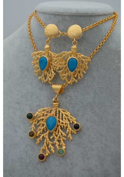 Stoneagejewellery Stoneage Altın Kaplama Bayan Kolye Turkuaz Ve Yeşim Taşlı Altın
