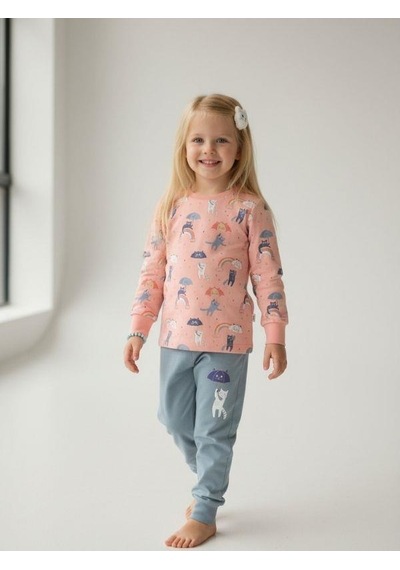 Kız Çocuk Pamuklu Uzun Kollu Kedili Pijama Takımı-10860 SOMON