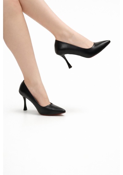 Tual Shoes Kadın Siyah Suni Deri Stiletto Kırmızı - Siyah