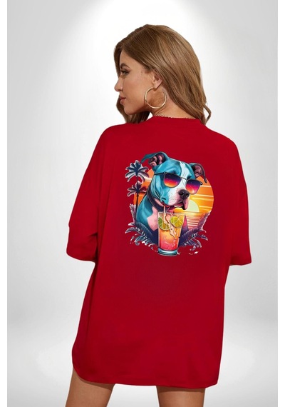 Tatil Köpek Soğuk Kokteyl İçeçek Kırmızı Oversize Unisex Ön Ve Sırt Baskılı Tişört Kırmızı