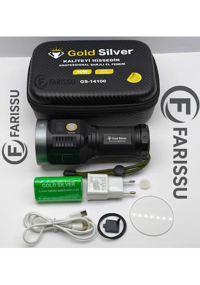 Gold Silver Gs-14100 50w 5000 Lümen Profesyonel Şarjlı El Feneri Siyah