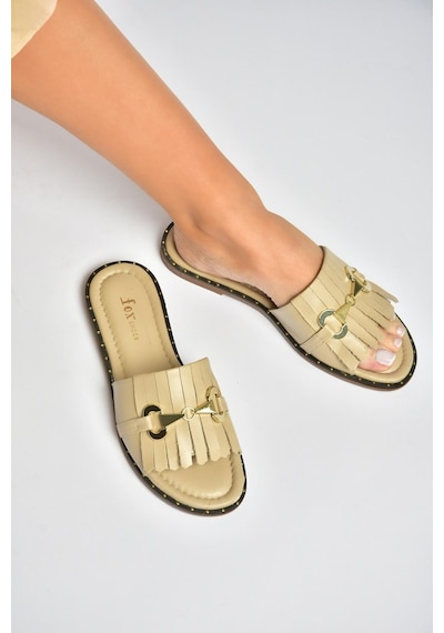 Fox Shoes Y291873003 Bej Hakiki Deri Kadın Terlik