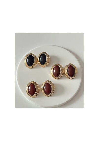 Lunarie İri Oval Vintage Statement Küpe 14k Gold Oluklu Çerçeveli Kahverengi