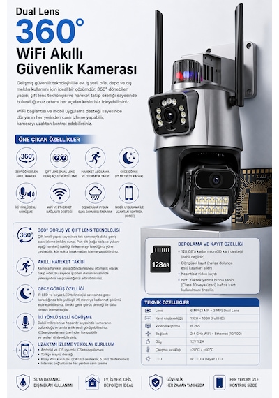 ARM-318 Dual Lens 6MP Çift Kameralı Akıllı WiFi Güvenlik Kamerası 360° Dönebilen Gece Görüşlü Dış Mekan IP Kamera