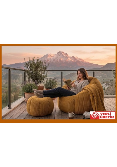 Herev Puf/ Tekli Puf Berjer / Baba Koltuğu / Papatya Modelli Kadife Kumaşlı Puf Takımı Hardal