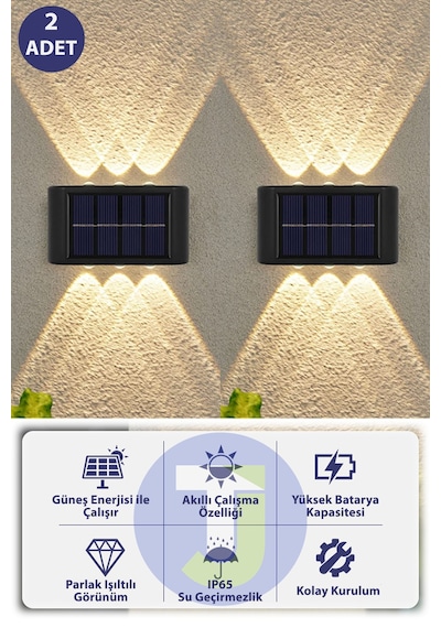 Technojet Modern Solar Güneş Enerjili 6 Ledli Bahçe Aydınlatması Aplik Sarı Işık Led Lamba 2 Adet
