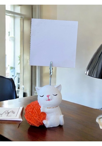 Turuncu Yumaklı Oturan Kawaii Kedi Temalı Not Tutacağı Fotoğraf Tutacak Tutucu Ofis Hediyelik Turuncu