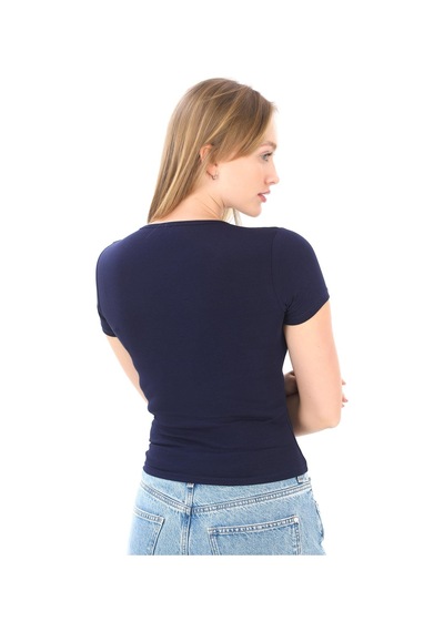 V Yaka Slim Fit Crop Tişört-lacivert Lacivert