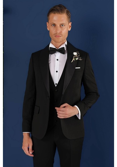 Efor Black 070 Slim Fit Yelekli Çıkarılabilir Saten Yaka Siyah Damatlık Smokin Takım Siyah