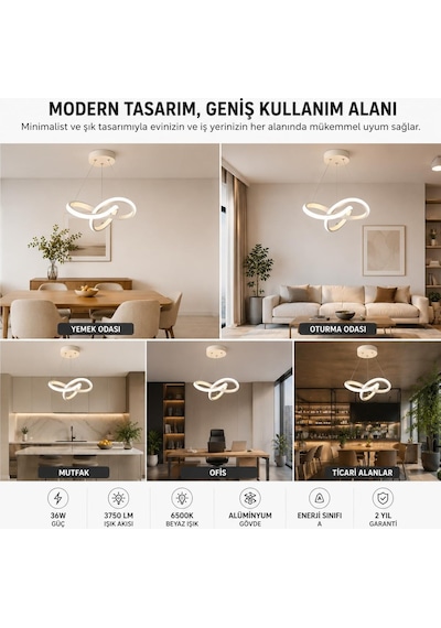 Aura Beyaz Ultrapower Led Avize, Modern Sarkıt Tasarım, Alüminyum Gövde, 6500k Beyaz Işık, 36w, 25 Cm Çap, Ayarla Çok Renkli