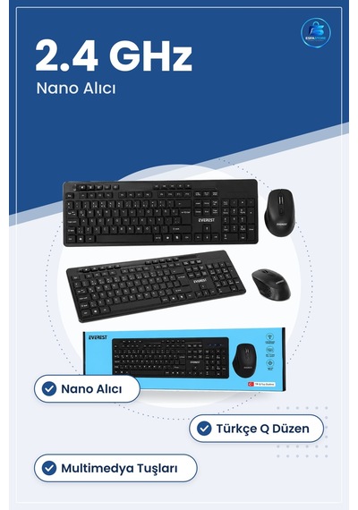 Mouse Klavye Seti Kablosuz Multimedya Siyah Q Düzen 2.4 Ghz Nano Optik