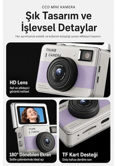 Retro Mini Dijital Kamera 1080p 1.47 İnç Flip Ekranlı Flaşlı Selfie Vlog Kamerası 4gb Sd li Ye