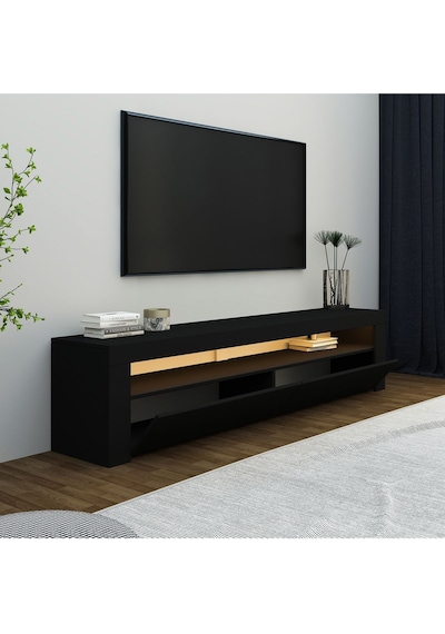 Batı Led Işıklı 2 Kapaklı TV Sehpası 150 cm Minimal Tasarım, Ahşap siyah