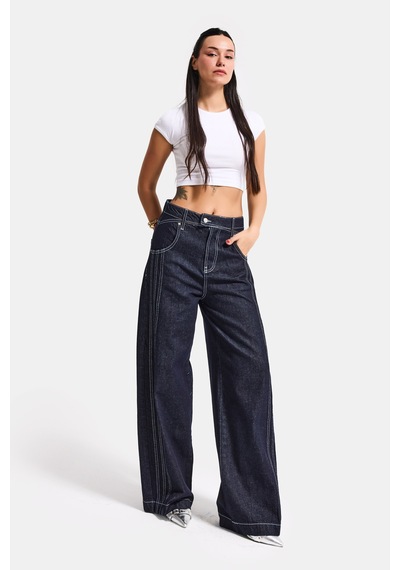 Itsbasic Kadın İndigo Selvedge 7s6-50 Süper Baggy Fit Nakışlı Tasarım Denim Jean