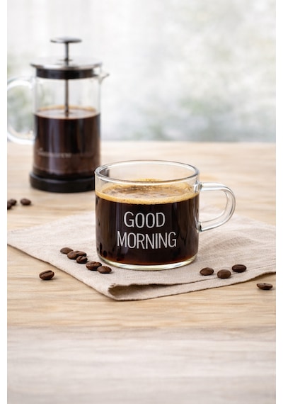 6 Lı 120 Ml Kulplu Cam Fincan,good Morning Yazılı,çizgili Cam Kupa Espresso Türk Kahvesi Fincanı Şeffaf Cam, Siyah Yazılı