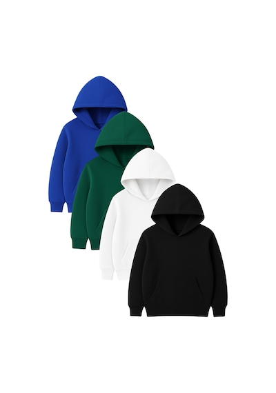 4'lü Kapüşonlu Basic Sweatshirt Seti - Düz Kışlık Şardonlu Kumaş Yeşil Saks Mavi Siyah Beyaz