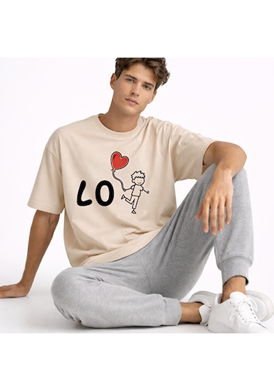 Sevgili Kombini Love Baskılı Çift Tişört Oversize Unisex Partner Bej