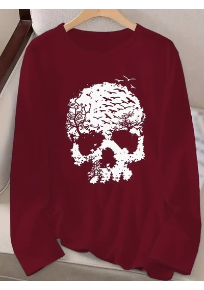Kadın Uzun Kollu Bisiklet Yaka Kurukafa Desenli Viskon Bluz Bordo