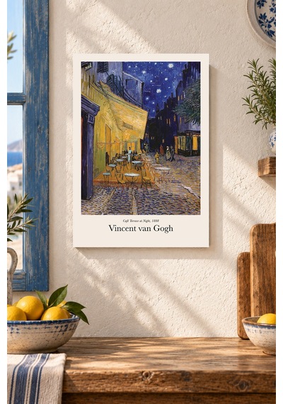Gece Kafesi Manzarası Desenli Dekoratif Mdf Tablo, Çerçeve Görünümlü Ahşap Poster