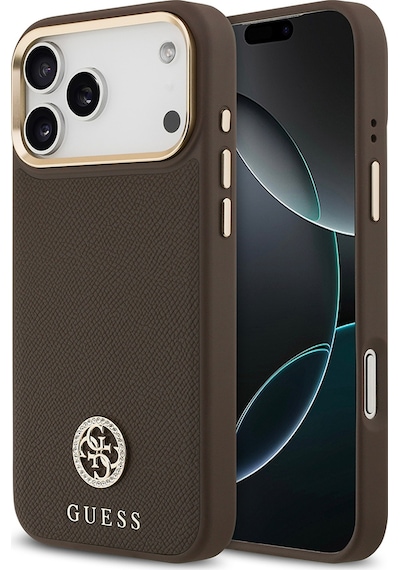 Apple Uyumlu iPhone 17 Pro Max Kılıf Guess Lisanslı M-safeli Grained Yazı Ve Taşlı 4g Logolu Kahverengi Kahverengi