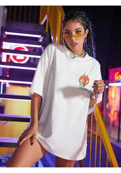 Flood Of Style Kadın Beyaz Bugs Bunny Logo Baskılı Oversize T-shirt
