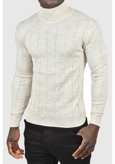 Deepsea Erkek Bej Slim Fit Likralı Tam Balıkçı Yaka Çizgili Boğazlı Kazak 2505504 Bej