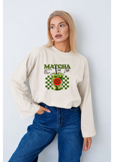 Medinenur Kadın Matcha Baskılı Oversize Geniş Kollu Body Ekru