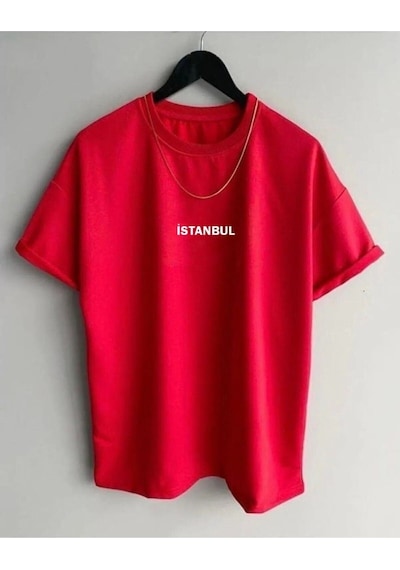 Flood Of Style Erkek Kırmızı Istanbul Baskılı Oversize Bisiklet Yaka Tshirt