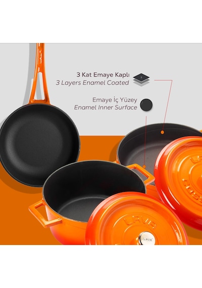 Lava Döküm 3x Trendy Serisi 6 Parça Tencere & Tava Seti Turuncu Kırmızı