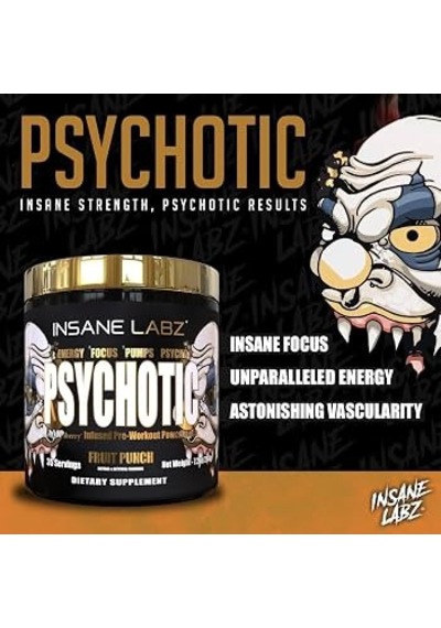 Insane Labz Psychotic Gold High Stimulant Preworkout Energy Focus, Pump Beta Alanine Dmae Bitartrate