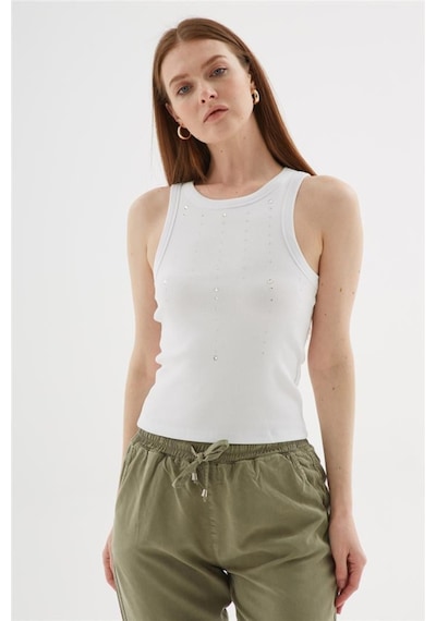 Taşlı Beyaz Kadın Kolsuz T-shirt 25y0505k1 Beyaz