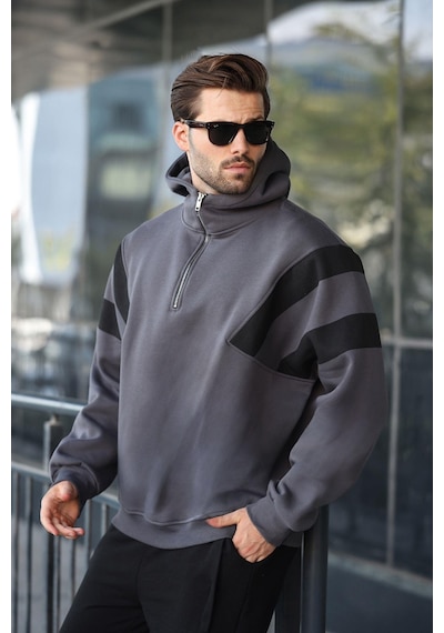 Madmext Füme Fermuarlı Yaka Kapüşonlu Erkek Sweatshirt E7161 Füme