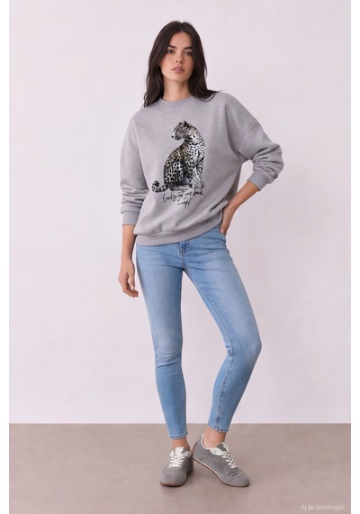 Quzu Baskı Nakış Detaylı Sweatshirt Gri Melanj