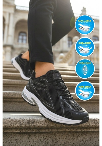 Walkway Siyah Beyaz Fileli Hafif Hava Alabilen Erkek Spor Ayakkabı 1505 Ruth M Siyah - Beyaz