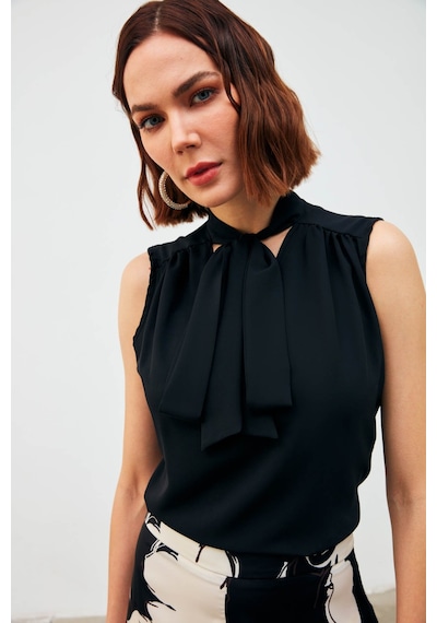 Sateen Fularlı Kolsuz Bluz - Siyah-132834