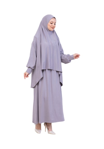 Modish Group İki Parça Namaz Elbisesi Uzun Pamuklu Tesettür Giyim Abaya & Başörtüsü Set Gri