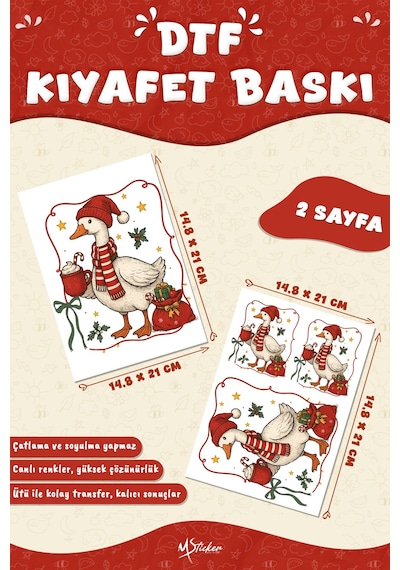 Sevimli Kaz Yılbaşı Kumaş Baskı Yapılabilen Özel Tasarım Ütü Ile Yapışan Tekstil Dtf Baskı Görseli Çok Renkli