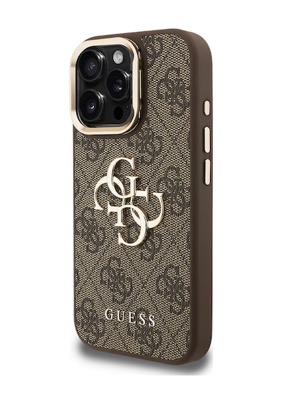Apple iPhone 15 Pro Max Uyumlu Kılıf Guess Lisanslı Metal 4g Ve Yazı Logolu Kamera Standlı Kapak Kahve