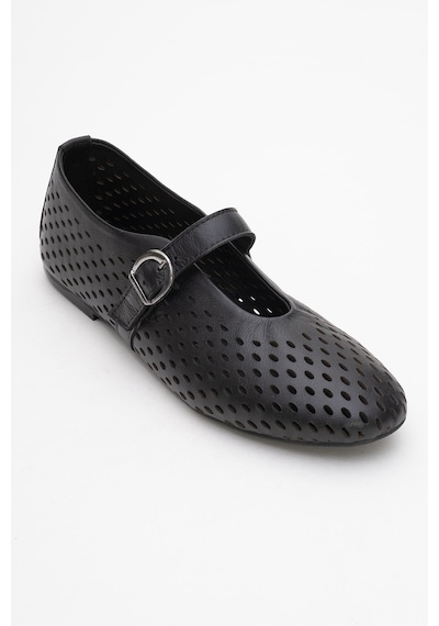 Luvishoes Arian Siyah Cilt Hakiki Deri Delikli Kadın Babet Ayakkabı Siyah