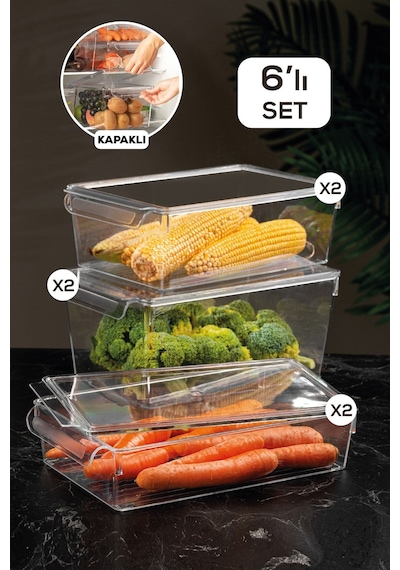 6'lı Kapaklı Buzdolabı Düzenleyici Buzdolabı Içi Düzenleyici Organizer Slim Maxi Mega Şeffaf