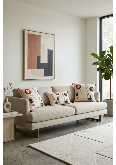 Luna Bahçesi Punch Nakışlı 3'lü Dekoratif Kırlent Kılıfı Seti 2 Adet 42x42 Cm + 1 Adet 35x55 Cm Bej