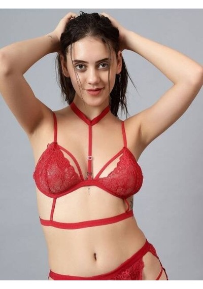 Ang Butik Kadın Kırmızı Dantelli Bant Detaylı Sütyen Ve Jartiyerli Külot Takımı