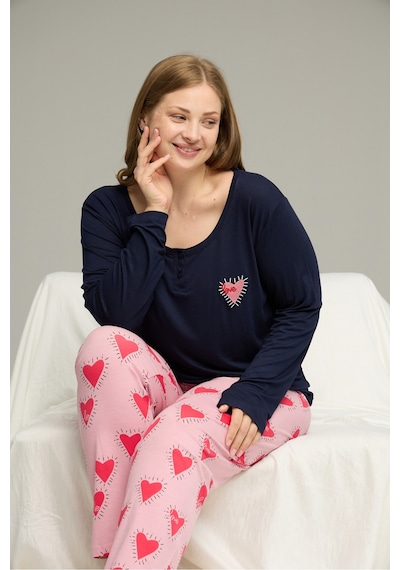Siyah İnci Curve Büyük Beden Battal Boy Pamuklu Pijama Takım25240767 Lacivert