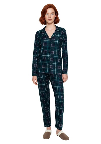 Ersefa Kadin Kirmizi Ekose Pijama Takımı Gömlek Yaka Uzun Kollu Fonksiyo Yeşil