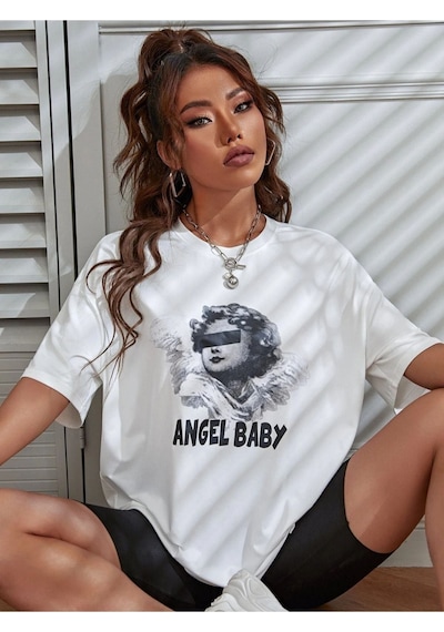 Unisex Beyaz Angel Baby Baskılı Oversize T-shirt 001