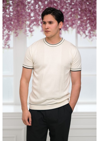 Advante Slimfit Kolları Lastikli Likralı Desenli Bisiklet Yaka Triko T-shirt Kemik