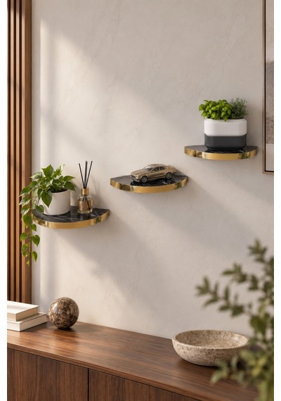 Sulorahome 3'lü Oval Duvar Rafı Siyah Mermer Desenli Gold Kenarlı